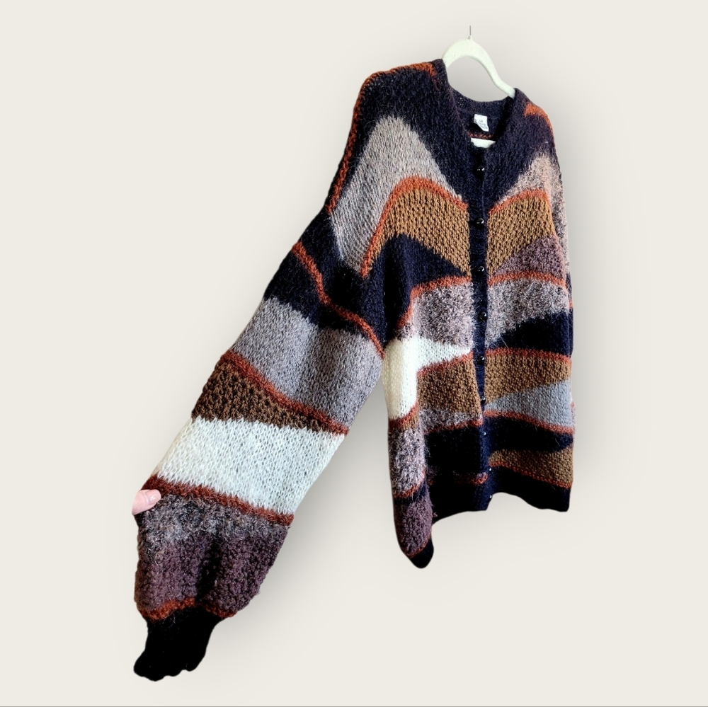 VINTAGE New Zealand Mixed Knit Mohair Geometric Oversized Cardigan Sweater - Picture 3 of 8